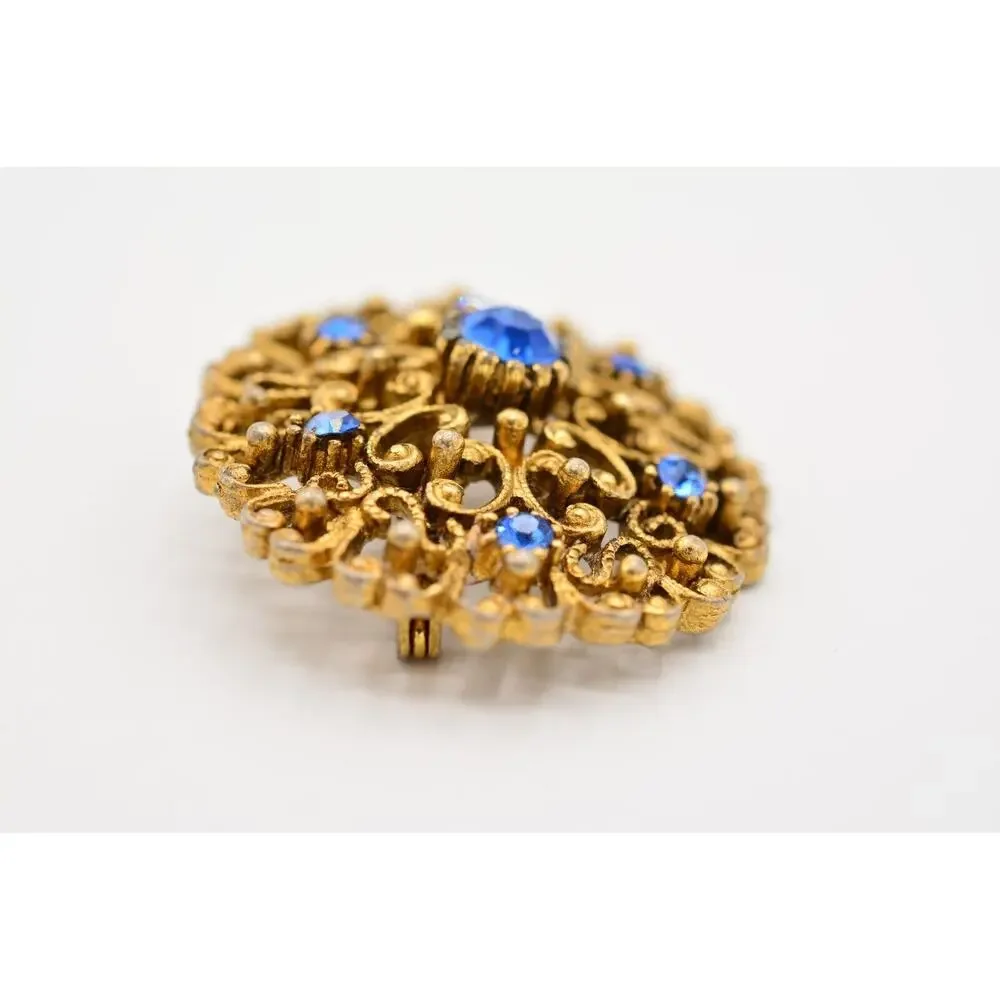 JJ Vintage Pin Brooch Blue Rhinestone Crystal Antiqued Gold Signed 1980s Bin7